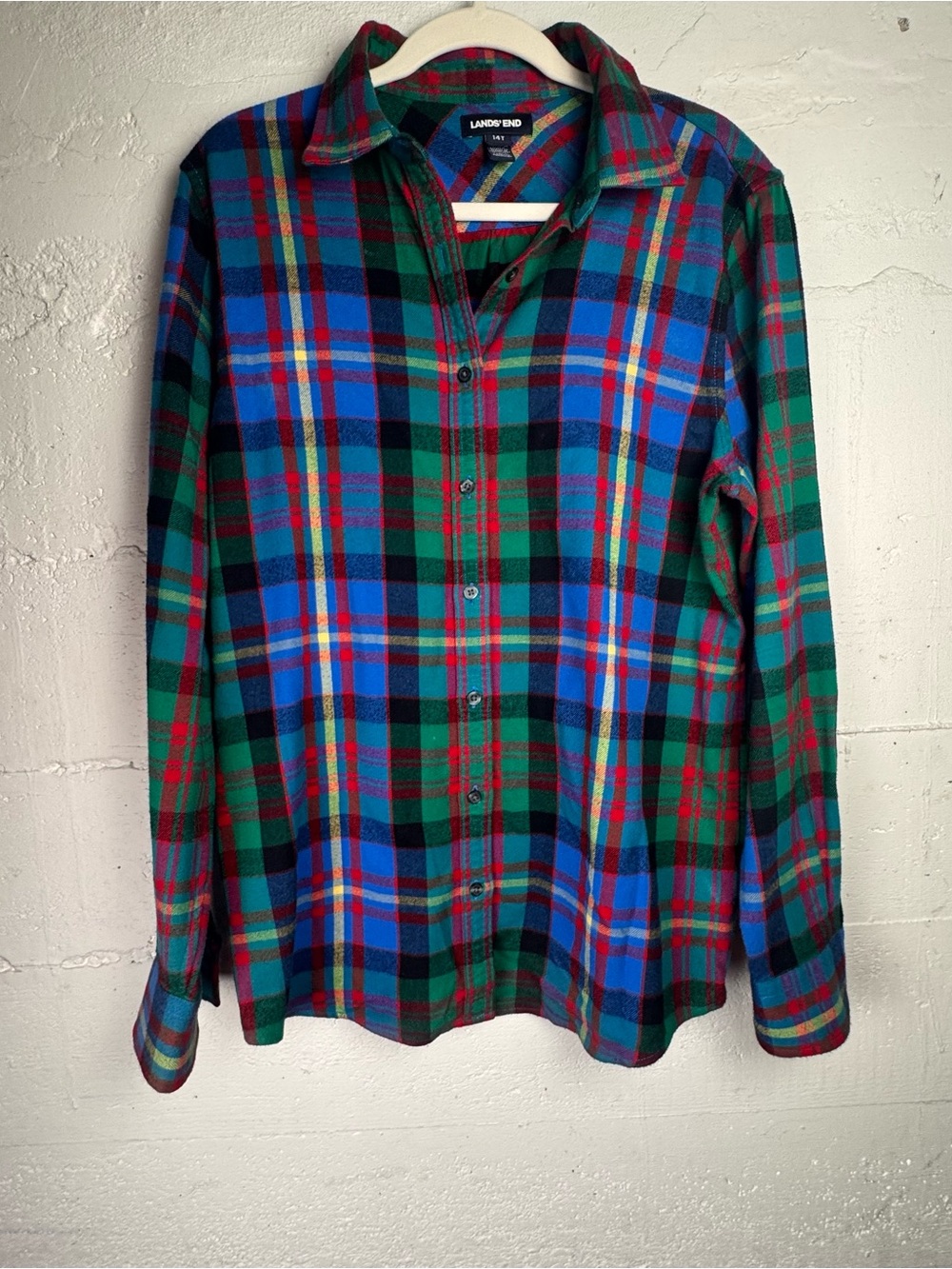 Land's End Plaid Flannel Shirt Womens Size 14 T Long Sleeve‎ Top Cotton Vibrant